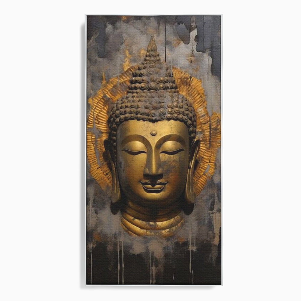Tablou canvas cu tablou canvas cu capul lui buddha, in rama de aluminiu argintiu